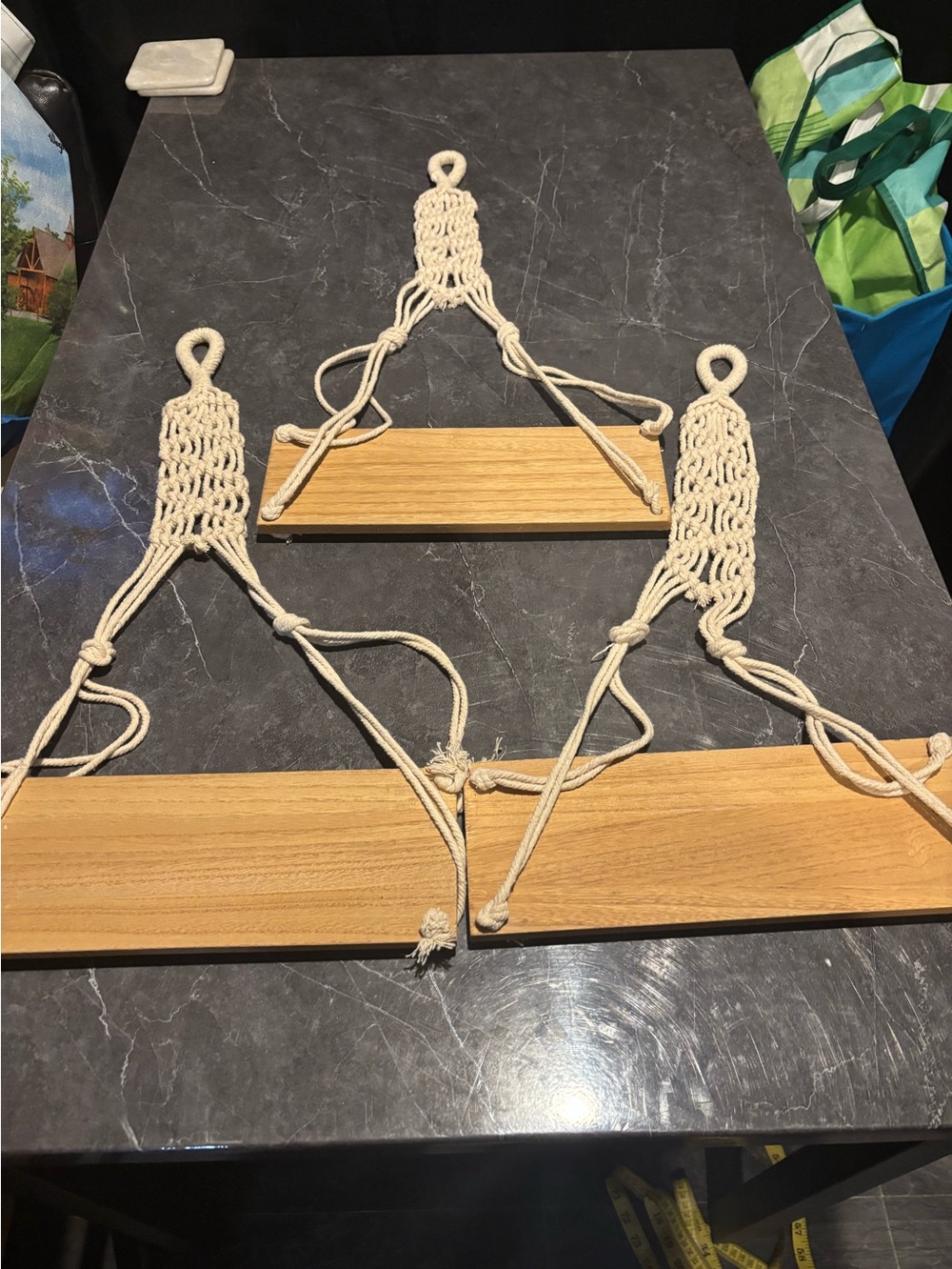 Macramé Hanging Shelf - Cream Cotton Rope with Wood